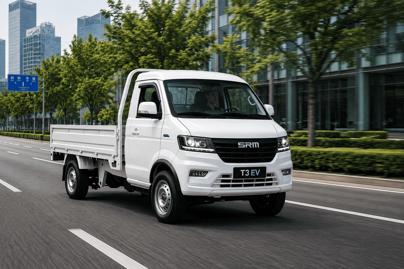 SRM T3 EV electric mini truck front three-quarter view